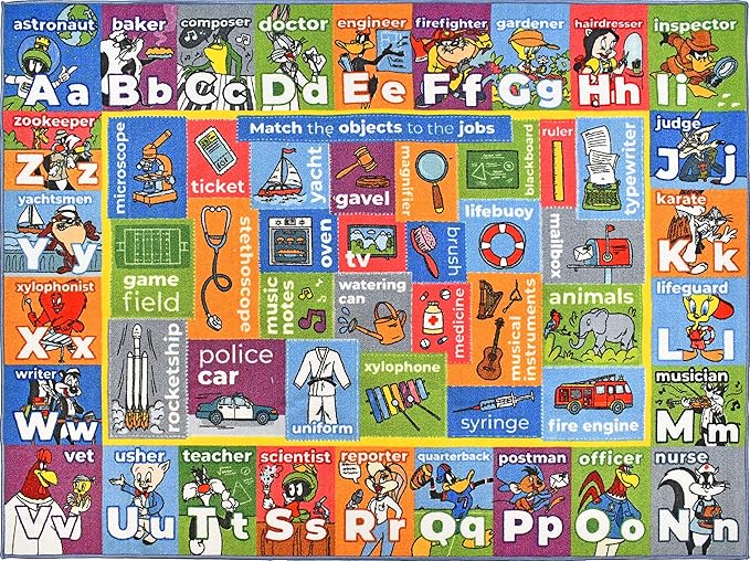 KC Cubs | Looney Tunes Kids Educational Rug ABC Alphabet, Jobs & Objects Matching Learning & Fun Game Area Non Slip Rug Carpet for Kids and Children Bedroom, Classroom and Playroom