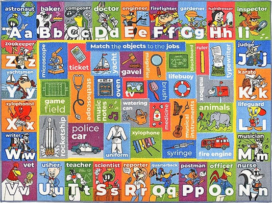 KC Cubs | Looney Tunes Kids Educational Rug ABC Alphabet, Jobs & Objects Matching Learning & Fun Game Area Non Slip Rug Carpet for Kids and Children Bedroom, Classroom and Playroom