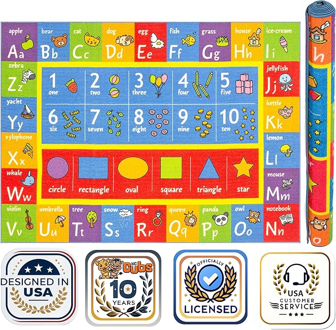 KC CUBS ABC Alphabet, Numbers and Shapes Educational Learning & Fun Game Play Area Non Slip Boy Girl Kids Rug Carpet for Children Bedroom, Toddler Classroom Baby Playroom Mat, Playtime Activity