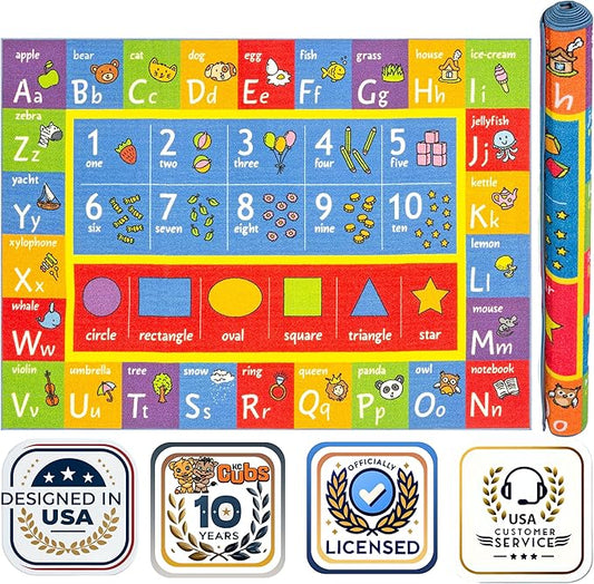 KC CUBS ABC Alphabet, Numbers and Shapes Educational Learning & Fun Game Play Area Non Slip Boy Girl Kids Rug Carpet for Children Bedroom, Toddler Classroom Baby Playroom Mat, Playtime Activity