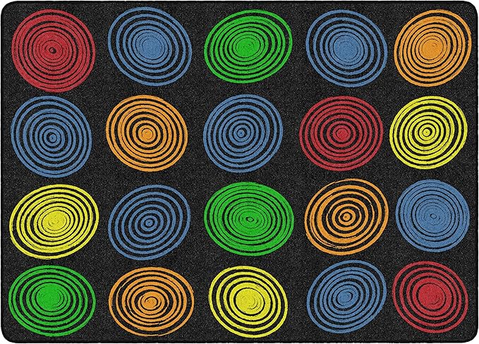 Flagship Carpets Circles Abstract Educational Area Rug for Kids Room Seating Décor, Children's Classroom, Play Carpet for Teaching and Playroom, Seats 20, 6' x 8'4", Black & Multi Color