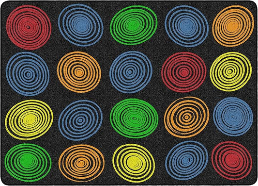 Flagship Carpets Circles Abstract Educational Area Rug for Kids Room Seating Décor, Children's Classroom, Play Carpet for Teaching and Playroom, Seats 20, 6' x 8'4", Black & Multi Color