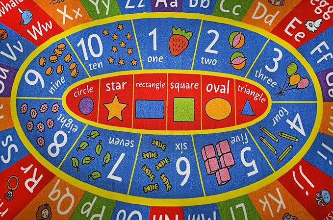 KC Cubs Multi Color Letter Print Power-Loomed ABC Alphabet, Numbers and Shapes Educational Learning & Fun Game Play Area Non Slip Boy & Girl Kids Oval Rug