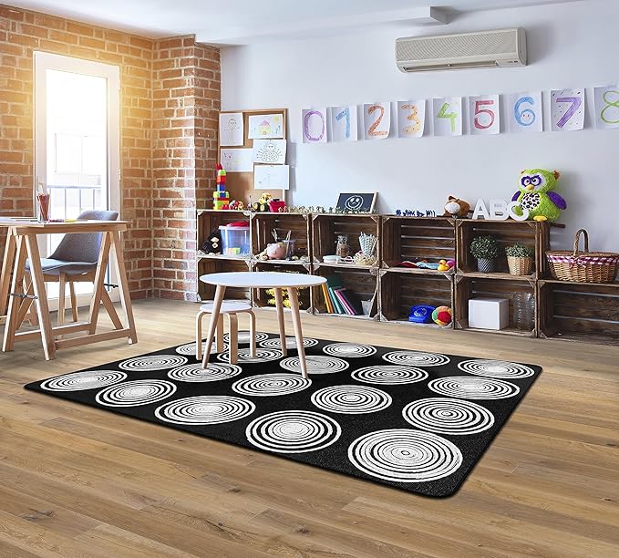 Flagship Carpets Circles Abstract Educational Area Rug for Kids Room Seating Décor, Children's Classroom, Play Carpet for Teaching and Playroom, Seats 20, 6' x 8'4", Black & White