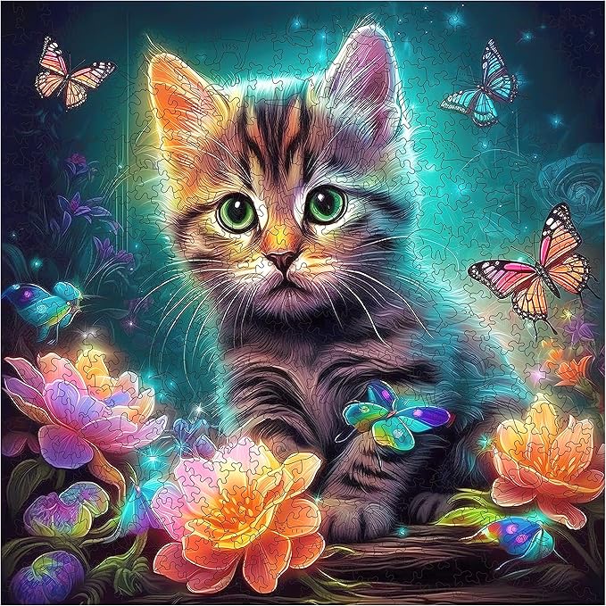 Wooden Puzzles, Kitten in Dream Wooden Jigsaw Puzzles 500 Piece, Unique Luxurious Shaped Wood Puzzle for Adults and Kids, Best Gift for Birthday 11.2 x 11.2 Inch