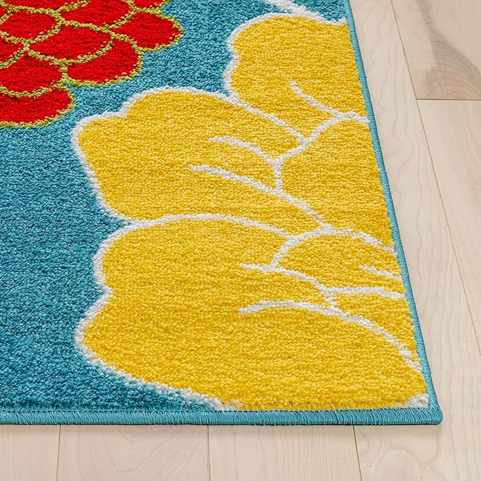 Well Woven Modern Rug Daisy Flowers Blue 3'3" x 5' Floral Accent Area Rug Entryway Bright Kids Room Kitchen Bedroom Carpet Bathroom Soft Durable Area Rug