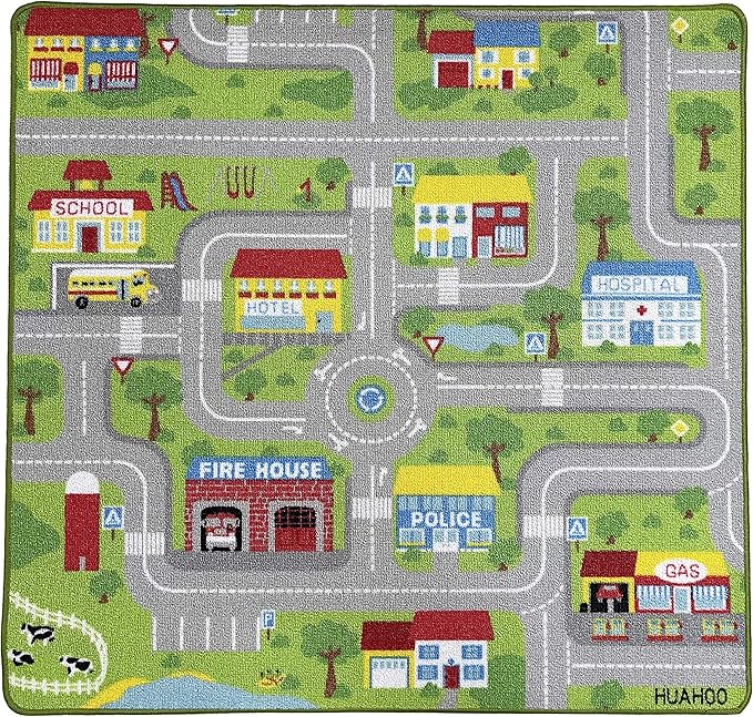HUAHOO City Street Map Kids' Rug with Roads Kids Rug Play mat with School Hospital Station Bank Hotel Book Store Government Workshop Farm for Boy Girl Nursery Bedroom Playroom Classroom (47" X 31.5")