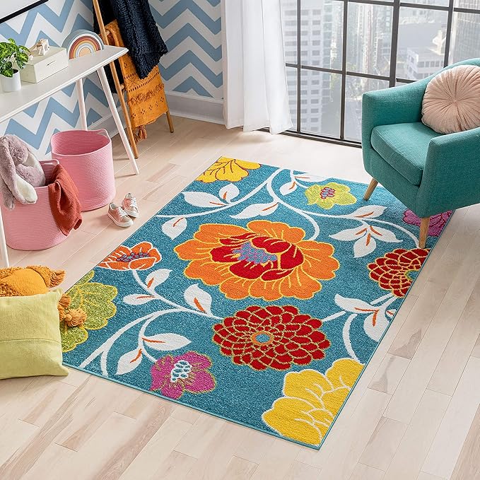 Well Woven Modern Rug Daisy Flowers Blue 3'3" x 5' Floral Accent Area Rug Entryway Bright Kids Room Kitchen Bedroom Carpet Bathroom Soft Durable Area Rug