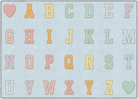 Flagship Carpets Schoolgirl Style Blue Pastel Alphabet Criss-Cross Applesauce Educational Area Rug for Kids Room Seating Décor, Children's Classroom, Play Carpet for Teaching and Playroom, 5' x 7'6"