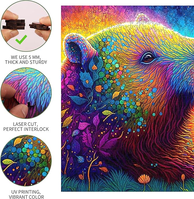 Bear Wooden Jigsaw Puzzles, 200 Pcs Medium Size 11.2'' x 10.2'', Unique Shaped Wood Puzzle, Beautiful Package, Best Gift for Adults