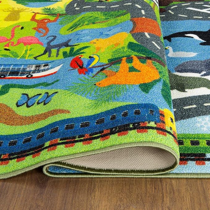 KC Cubs Playtime Collection Animal Safari Road Map Learning and Game Area Carpet for Kids and Children Bedrooms and Playroom (5' 0" x 6' 6") Educational Rug, 5 ft x 6 ft (6 in), Multi