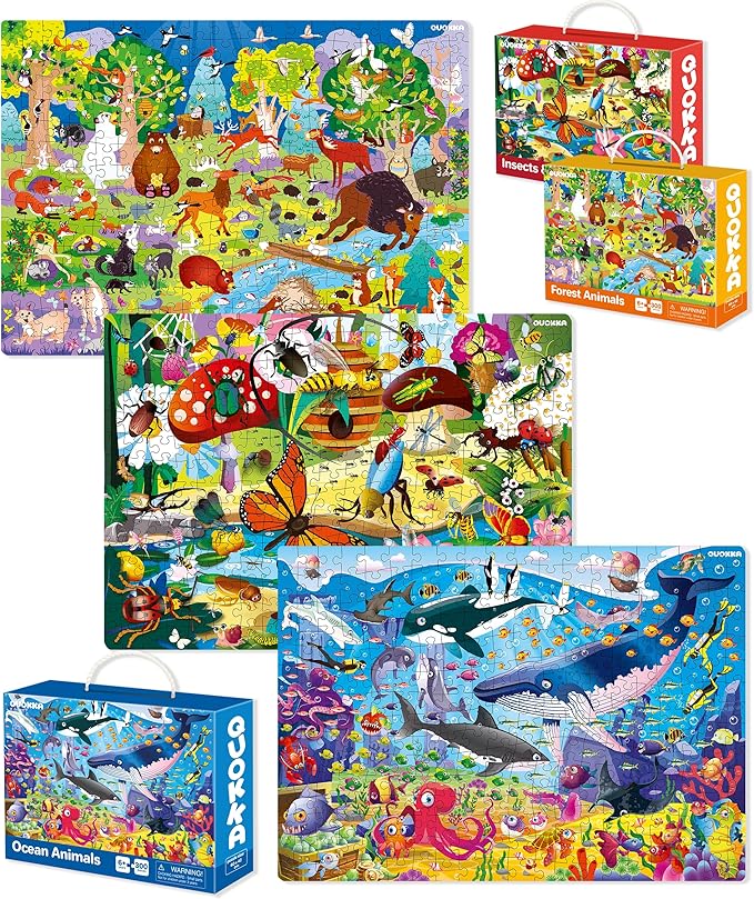 QUOKKA 300 Pieces Puzzles for Kids Ages 8-10 - 3X Set Floor Jigsaw Puzzles - Toy for Learning Ocean & Vimel & Bugs for 10-12 Year Old – Jigsaw Educational Game Gift for Boys and Girls