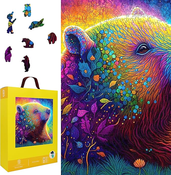 Bear Wooden Jigsaw Puzzles, 200 Pcs Medium Size 11.2'' x 10.2'', Unique Shaped Wood Puzzle, Beautiful Package, Best Gift for Adults