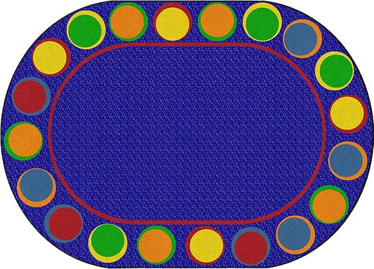 Flagship Carpets Sitting Spots Seating Oval Area Rug for Children's Classroom or Kids Playroom, and Home Learning Carpet, Seats 20, 6' x 8'4", Blue