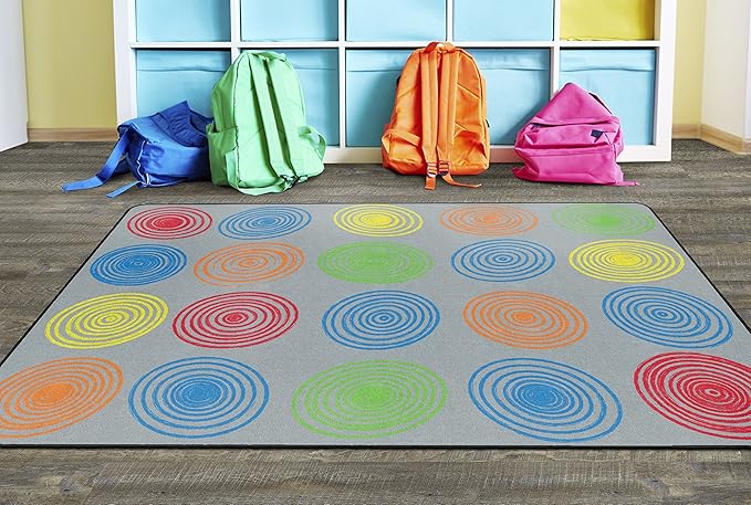 Flagship Carpets Circles Abstract Educational Area Rug for Kids Room Seating Décor, Children's Classroom, Play Carpet for Teaching and Playroom, Seats 20, 6' x 8'4", Grey