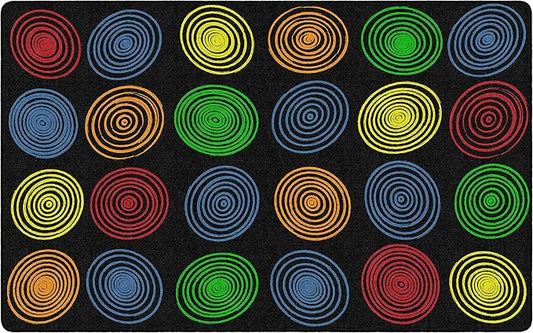 Flagship Carpets Circles Abstract Educational Area Rug for Kids Room Seating Décor, Children's Classroom, Play Carpet for Teaching and Playroom, Seats 24, 7'6" x 12', Black & Multi Color