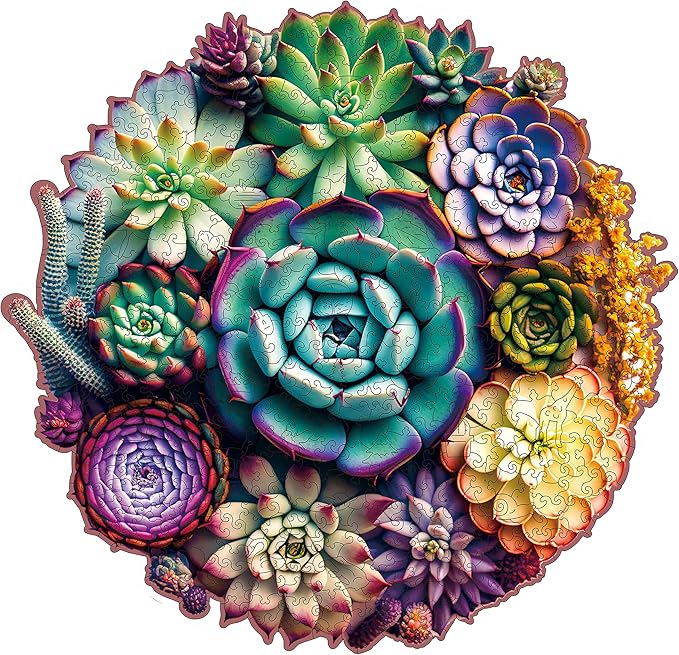 Unique Wooden Jigsaw Puzzles - Mandala Succulent Plants, 500 Pcs King Size 16.9'' x 16.3'', Luxurious Shaped Wood Puzzle, Beautiful Package, Best Gift for Adults and Kids, Family Game