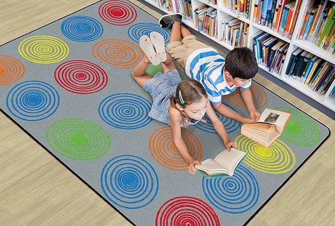 Flagship Carpets Circles Abstract Educational Area Rug for Kids Room Seating Décor, Children's Classroom, Play Carpet for Teaching and Playroom, Seats 20, 6' x 8'4", Grey