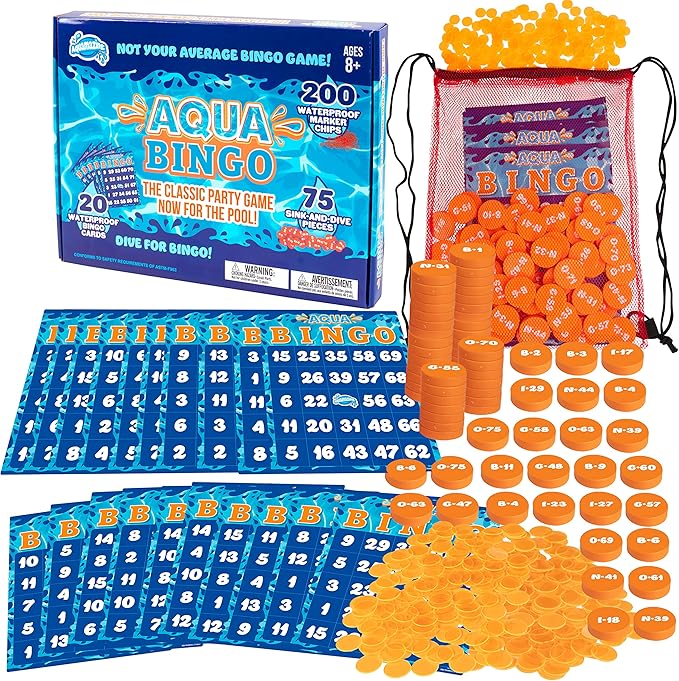 Aqua Pool Bingo Diving Game for Adults & Kids- Swim for & Call 75 Sinking Numbers, Fill Your Card To Win- Includes 200 Marker Chips, 10 Waterproof Play Cards, Fun for Summer Birthday or BBQ Parties