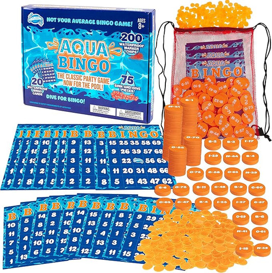 Aqua Pool Bingo Diving Game for Adults & Kids- Swim for & Call 75 Sinking Numbers, Fill Your Card To Win- Includes 200 Marker Chips, 10 Waterproof Play Cards, Fun for Summer Birthday or BBQ Parties