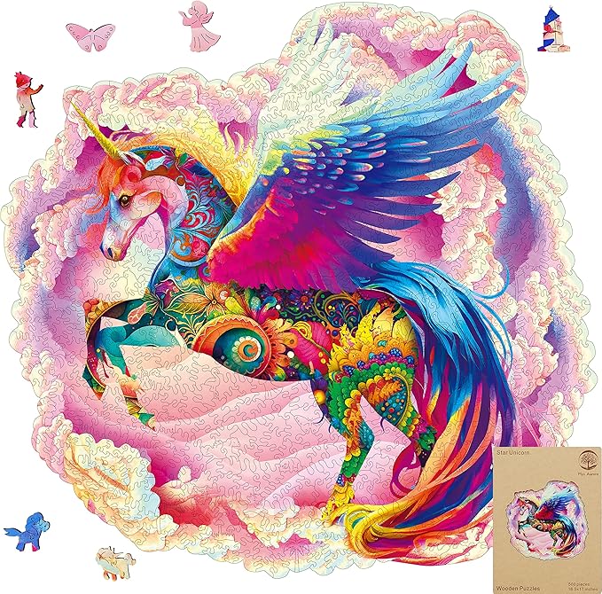 Wooden Jigsaw Puzzles for Adults, Unicorn Jigsaw Puzzles 500 Pieces, Unique Animal Shaped Wooden Puzzles for Adults and Kids, Family Game 17.1x16.5 Inch