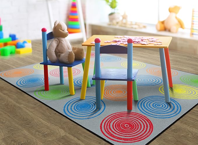 Flagship Carpets Circles Abstract Educational Area Rug for Kids Room Seating Décor, Children's Classroom, Play Carpet for Teaching and Playroom, Seats 20, 6' x 8'4", Grey