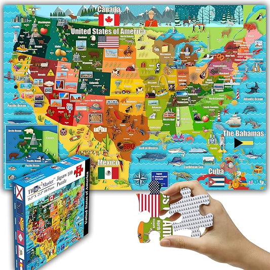 Think2Master Colorful United States Map 100 Pieces Jigsaw Puzzle Fun Educational Toy for Kids, Adults, School & Families. Great Gift for Boys & Girls Ages 4-8 to for Learning USA.23.4” X 16.5”