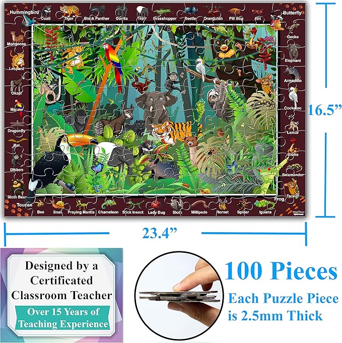 Think2Master Colorful Rainforest Jungle Zoo Animals 100 Pieces Jigsaw Puzzle Fun Educational Toy for Kids, School & Families. Great Gift for Boys & Girls Ages 5-8 4-6 6-8 8-10 23.4” X 16.5”
