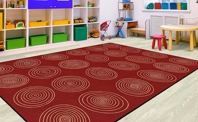 Flagship Carpets Circles Abstract Educational Area Rug for Kids Room Seating Décor, Children's Classroom, Play Carpet for Teaching and Playroom, Seats 24, 7'6" x 12', Brick
