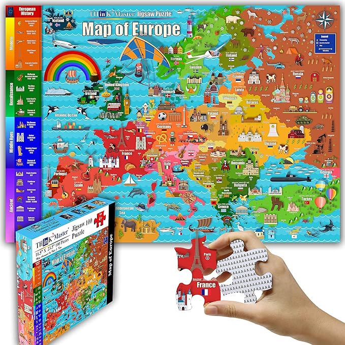 Think2Master Map of Europe 100 Pieces Jigsaw Puzzle Fun Educational Toy for Kids, School & Families. Great Gift for Boys & Girls Ages 4-8 for Learning European History. Size:23.4” X 16.5” by Kyle Kim