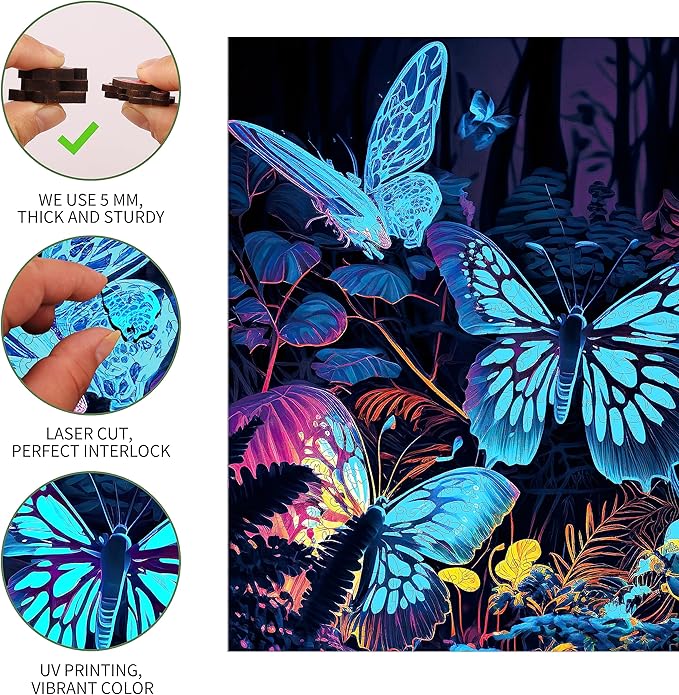 Wooden Puzzles, Butterfly Wooden Jigsaw Puzzles Glow in The Dark, 500 Pieces Unique Shaped Wooden Puzzles for Adults and Kids 16.5 x 16.5 Inch