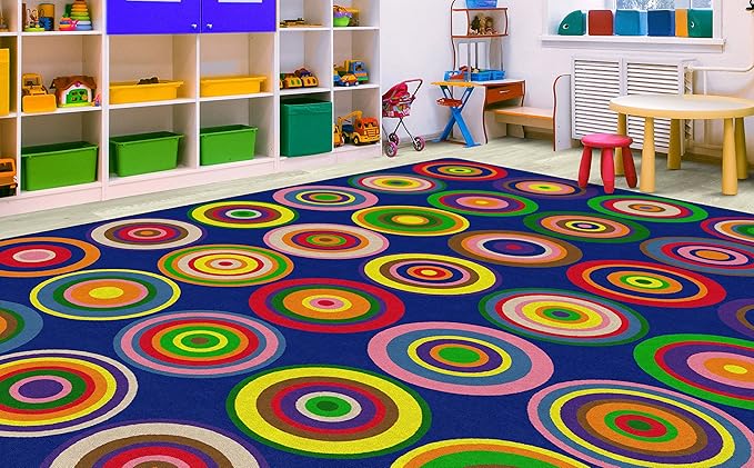 Flagship Carpets Color Rings Colorful Children's Classroom Area Rug for Kids Room Circle Seating Décor, Play Carpet for Teaching and Playing, Seats 35, 10'6"x13'2, Indigo Blue