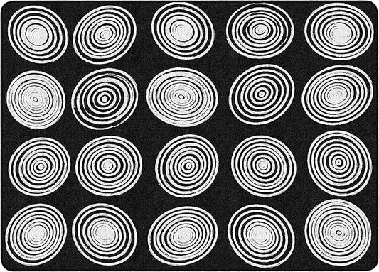 Flagship Carpets Circles Abstract Educational Area Rug for Kids Room Seating Décor, Children's Classroom, Play Carpet for Teaching and Playroom, Seats 20, 6' x 8'4", Black & White