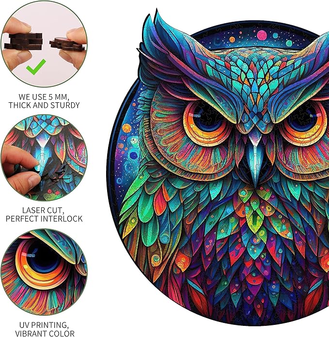 Unique Wooden Jigsaw Puzzles - Cute Owl, 200 Pcs Medium Size 11.2'' x 10.5'', Luxurious Animal Shaped Wood Puzzle, Beautiful Package, Best Gift for Adults