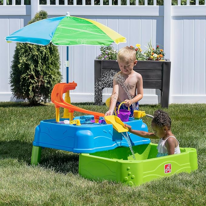 Step2 Waterpark Wonders Two-Tier Water Table, Kids Water Activity Sensory Playset, Comes with Umbrella, Summer Outdoor Toys, 11 Piece Water Toy Accessories, for Toddlers 1.5+ Years Old