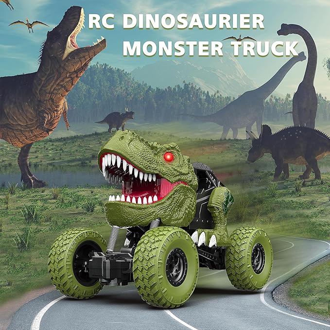 Remote Control Dinosaur Car for Kids Boys, 2.4Ghz All Terrain Remote Control Dinosaur Truck with Light, Rechargeable 4WD Off Road RC Car Toys for Kids 3 4 5 6 7 8-12 Year Old Boys Girls Birthday Gift