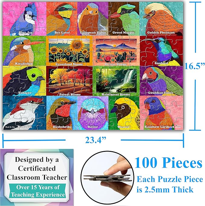 Think2Master Colorful World Map of Birds 100 Pieces Jigsaw Puzzle Fun Educational Toy for Kids, School & Families. Illustration by Rachel Kim. Great Gift for Boys & Girls Ages 4-8. Size:23.4” X 16.5”