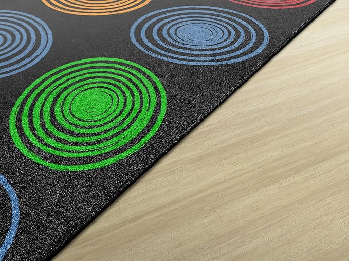 Flagship Carpets Circles Abstract Educational Area Rug for Kids Room Seating Décor, Children's Classroom, Play Carpet for Teaching and Playroom, Seats 20, 6' x 8'4", Black & Multi Color
