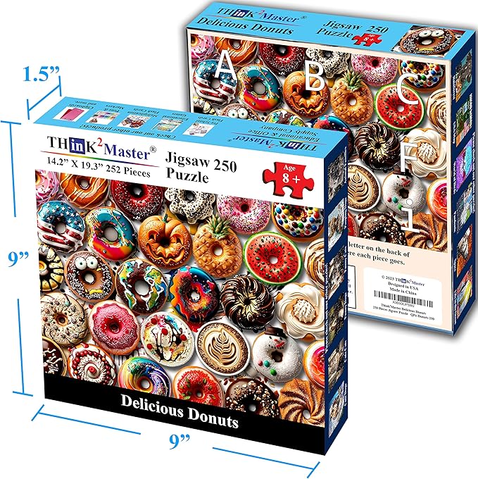 Think2Master Donuts 250 Pieces Jigsaw Puzzle. Perfect White Elephant Gag Gift. Fun Toy for Kids, School & Families.Great Gift for Boys & Girls Ages 8+. Size: 14.2” X 19.3”