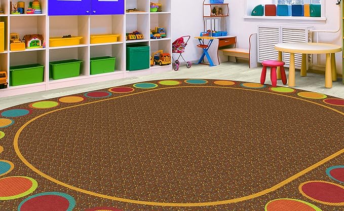 Flagship Carpets Sitting Spots Seating Oval Area Rug for Children's Classroom or Kids Playroom, and Home Learning Carpet, Seats 30, 10'6" x 13'2", Brown