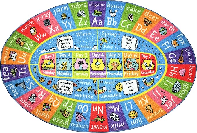 KC Cubs ABC Alphabet, Seasons, Months and Days of The Week Educational Learning & Fun Game Play Area Non Slip Boy & Girl Kids Rug Carpet for Children Bedroom, Toddler Classroom & Baby Playroom Mat