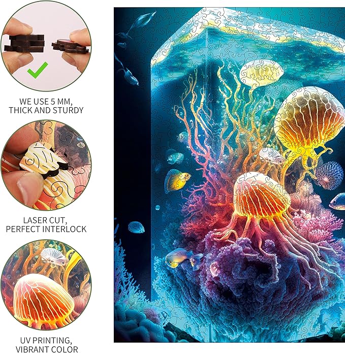 Unique Wooden Jigsaw Puzzles - Coral Jellyfish, 200 Pcs Medium Size 9.6'' x 11.8'', Luxurious Animal Shaped Wood Puzzle, Beautiful Package, Best Gift for Adults