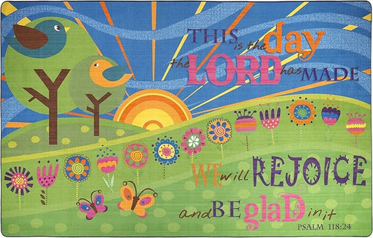 Flagship Carpets This is The Day The Lord Has Made Bible Worship Inspirational Multicolor Rug for Children's Classroom Carpet or Daycare Activity Area, 7'6" x 12', Rectangle