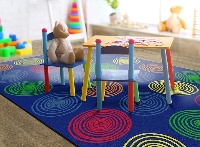 Flagship Carpets Circles Abstract Educational Area Rug for Kids Room Seating Décor, Children's Classroom, Play Carpet for Teaching and Playroom, Seats 24, 7'6" x 12', Primary