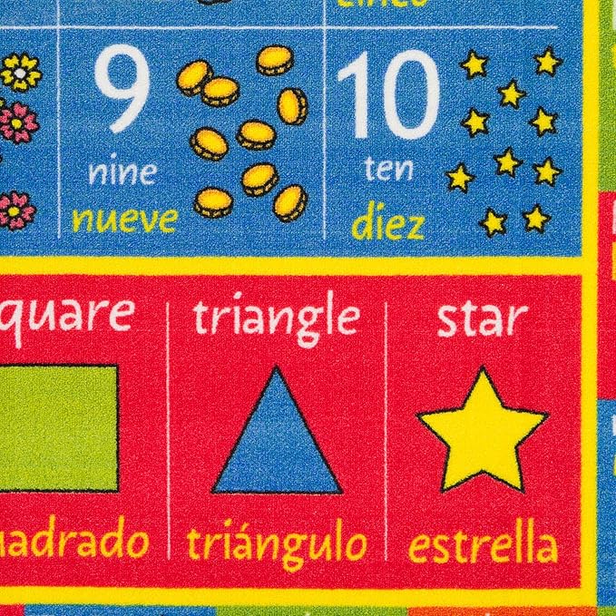 KC Cubs ABC Alphabet, Numbers, Shapes + Spanish Translations Educational Learning Game Play Boy & Girl Kids Area Rug Carpet for Children Bedroom, Toddler Classroom, & Baby Playroom Floor Activity Mat