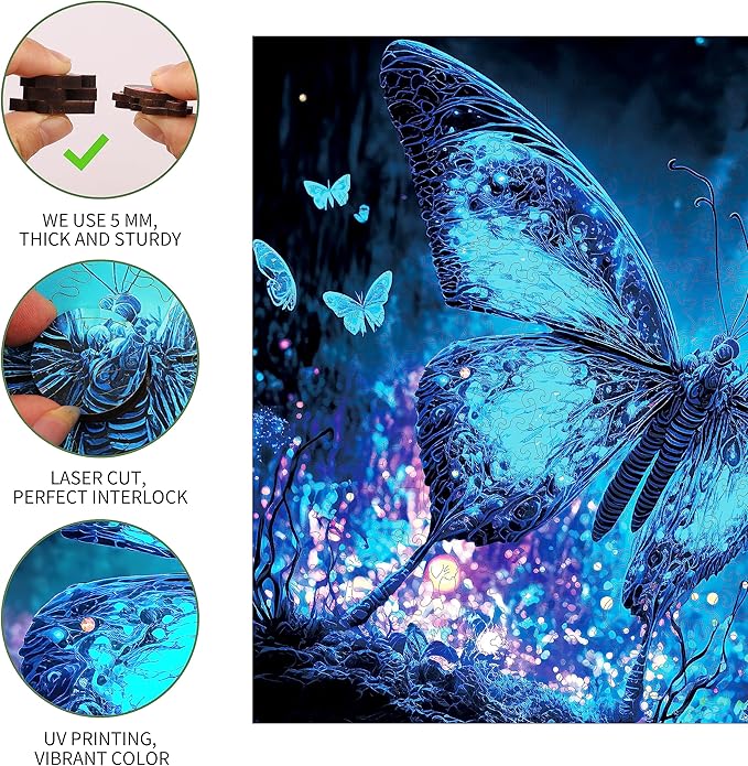 Wooden Puzzles, Fluorescent Butterfly Jigsaw Puzzles 500 Pieces, Unique Shaped Wooden Puzzle for Adults and Kids 9.5 x 12.1 Inch