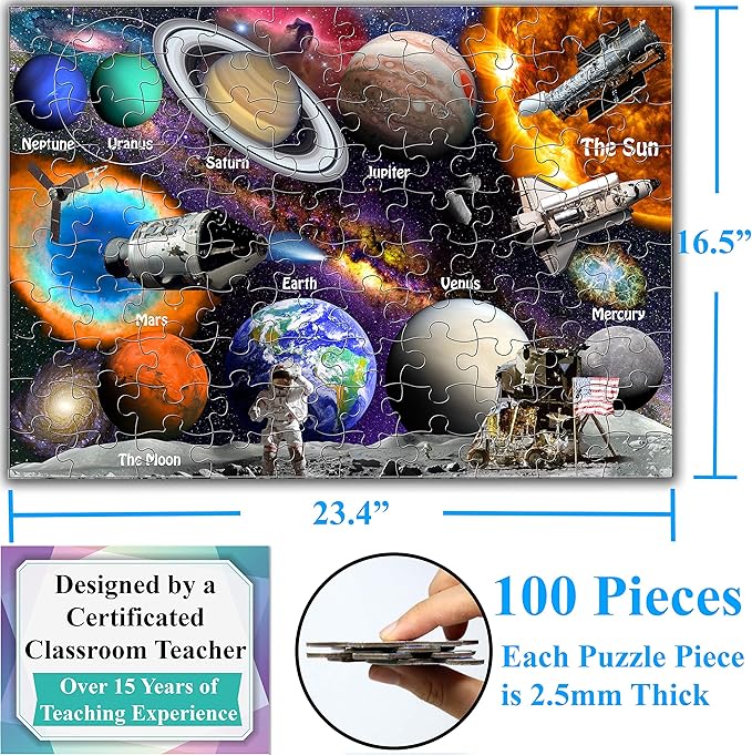 Think2Master Solar System & Space Exploration 100 Pieces Jigsaw Puzzle Fun Educational Toy for Kids, School & Families. Great Gift for Boys & Girls Ages 4-8 8-10 to for Learning. 23.4” X 16.5”