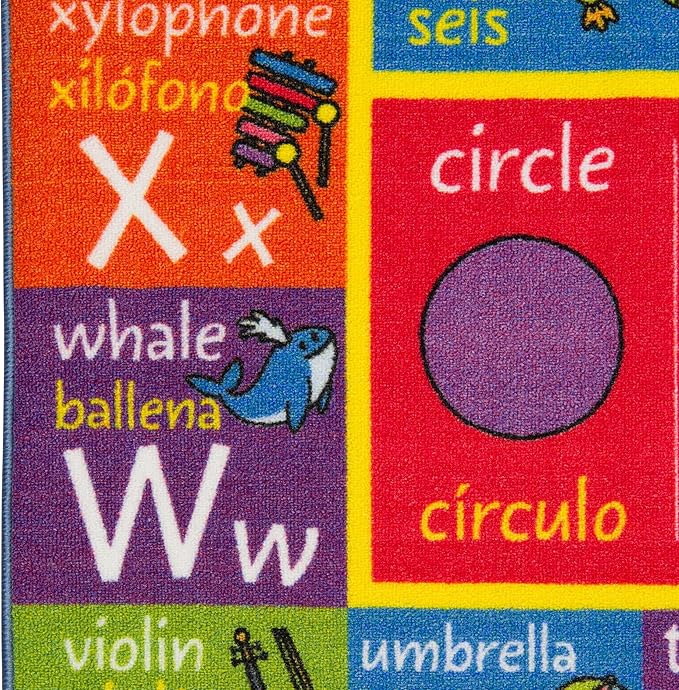 KC Cubs ABC Alphabet, Numbers, Shapes + Spanish Translations Educational Learning Game Play Boy & Girl Kids Area Rug Carpet for Children Bedroom, Toddler Classroom, & Baby Playroom Floor Activity Mat