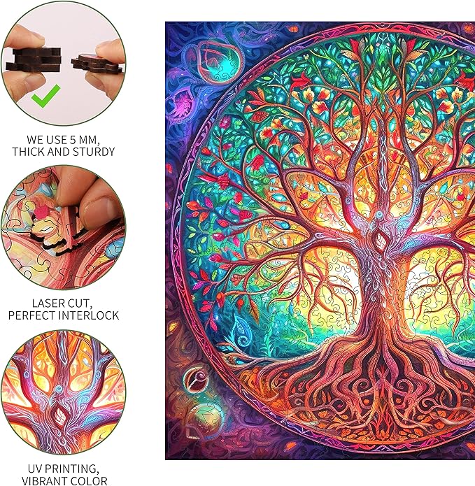Wooden Puzzles, Mandala Tree of Life 200 Piece Puzzles for Adults and Kids, Unique Shaped Animal Wooden Jigsaw Puzzle for Birthday Gift, Family Game 11.2 x 11.2 Inch